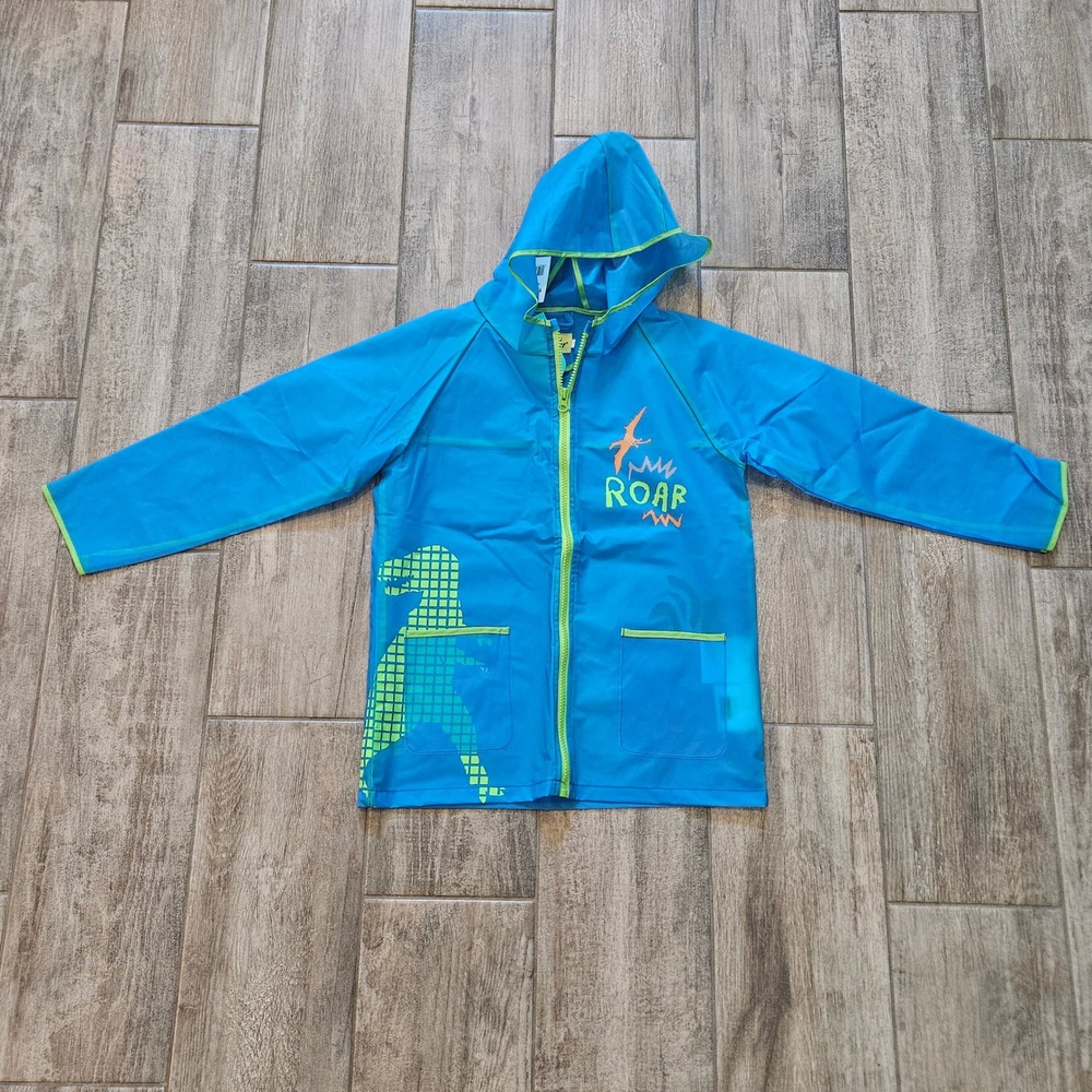 Western Chief Rain Jacket Kids 7 Blue NEW Dinosaur Graphic Hooded Raincoat